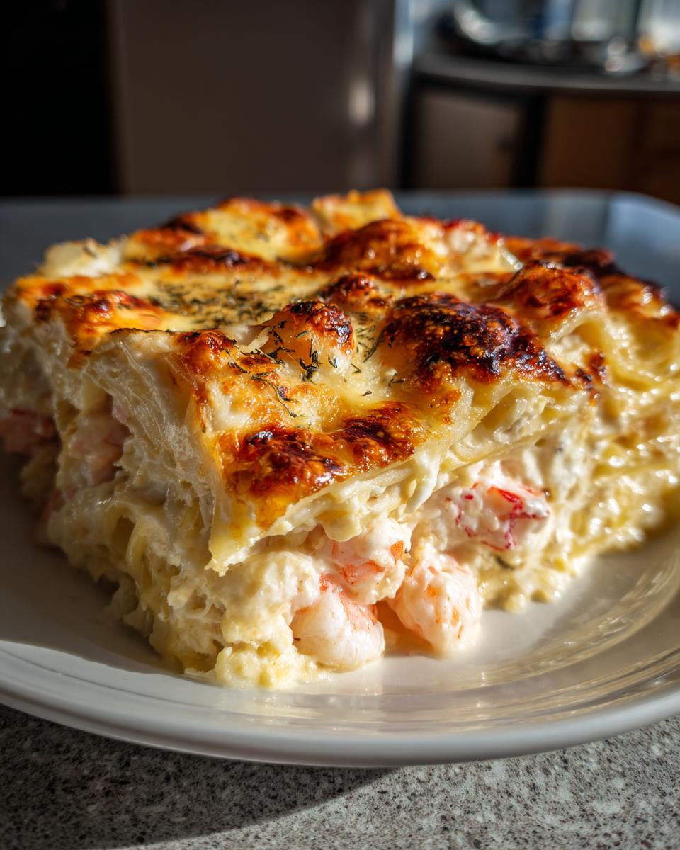 A generous slice of seafood lasagna with shrimp and crab, topped with melted, golden-brown cheese.