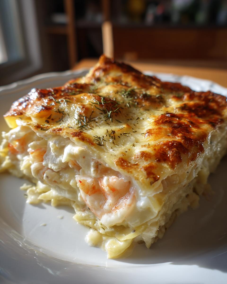 A slice of delicious seafood lasagna with shrimp and crab, layered with pasta and creamy sauce, topped with melted cheese and herbs.