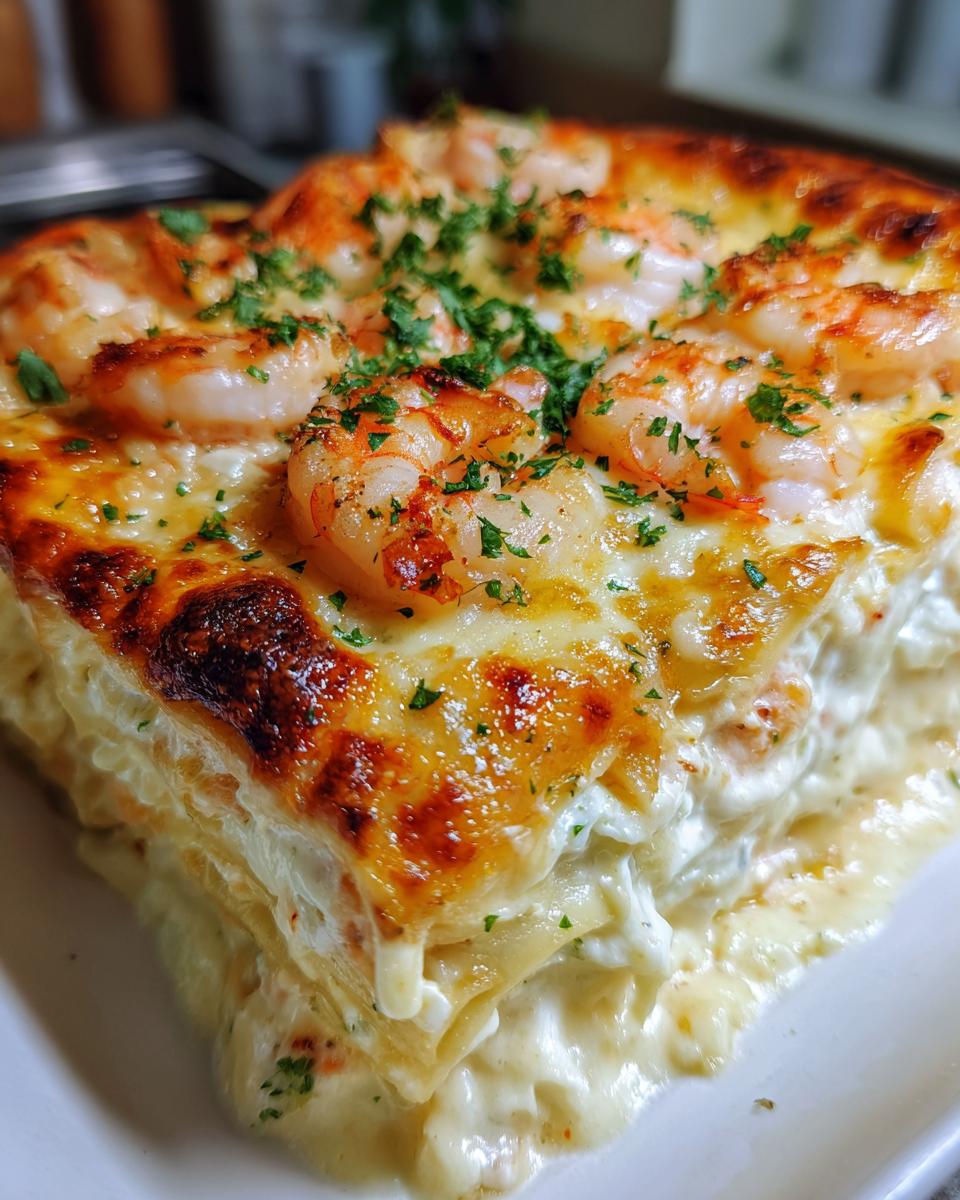 A close-up of a slice of seafood lasagna with shrimp and crab, topped with melted cheese and parsley.