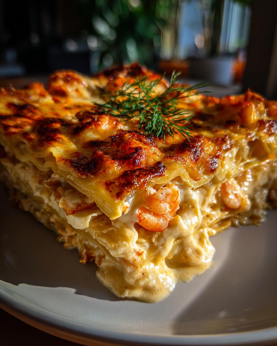 A close-up of a slice of seafood lasagna with shrimp and crab, featuring layers of pasta, creamy sauce, and golden-brown cheese.