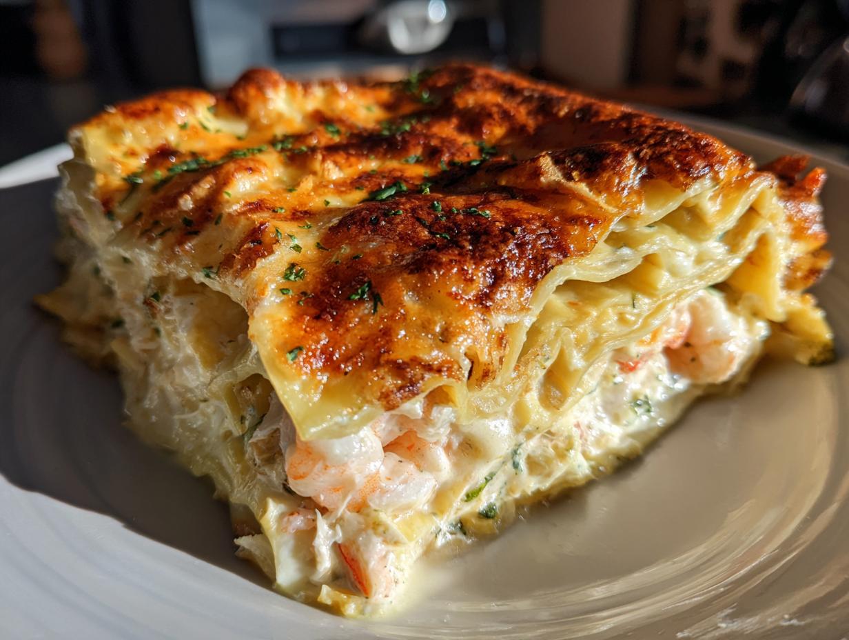 A delicious slice of seafood lasagna with shrimp and crab, featuring layers of pasta, creamy sauce, and golden-brown cheese topping.