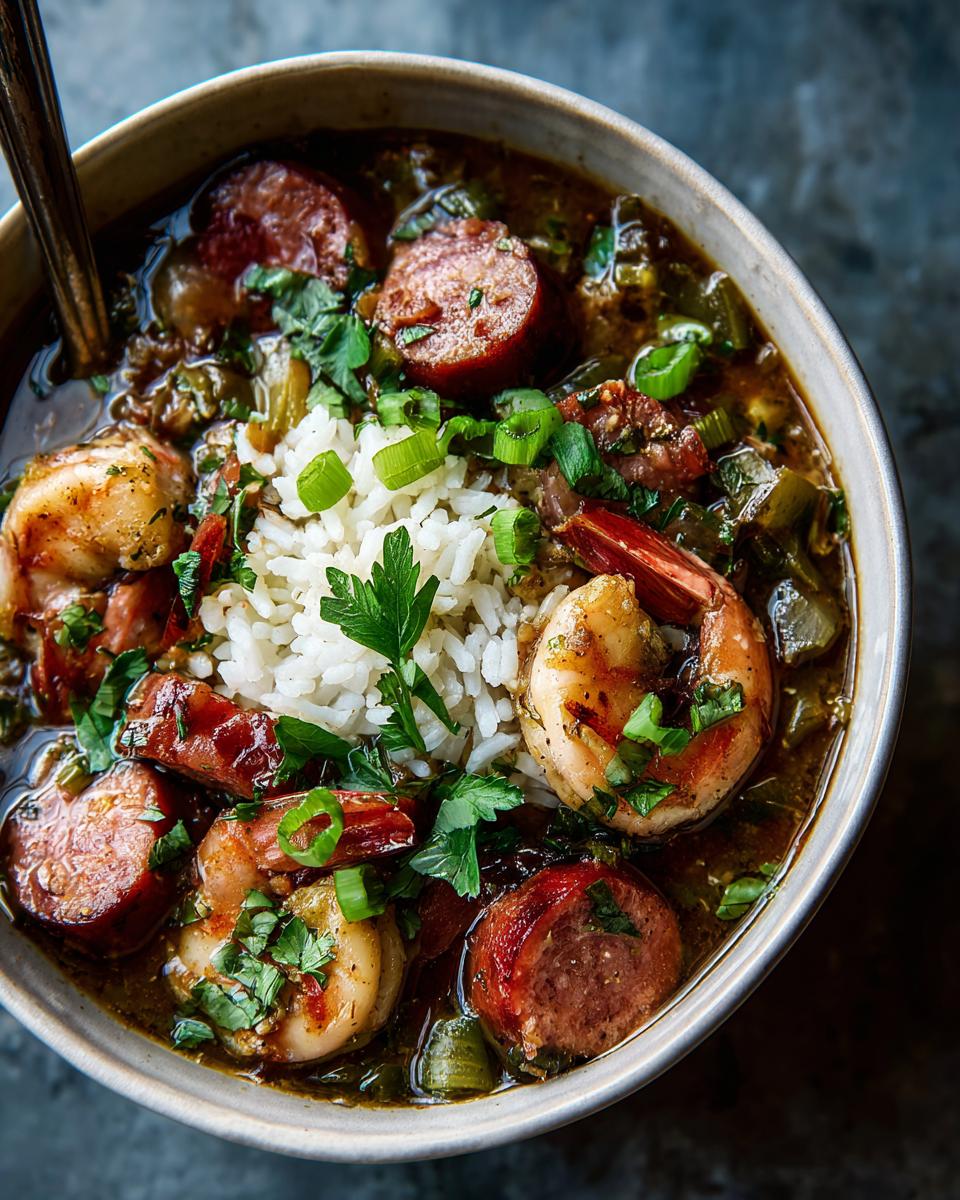 A close-up overhead view of a bowl of shrimp and sausage gumbo, topped with rice and fresh herbs.