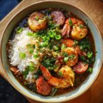 A close-up overhead view of a bowl filled with flavorful Shrimp and Sausage Gumbo, served with white rice and garnished with green onions.