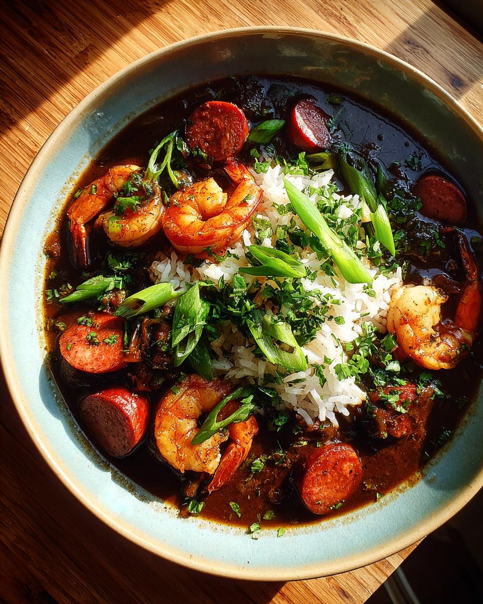 A close-up of a bowl filled with rich, dark shrimp and sausage gumbo, topped with white rice, shrimp, sausage slices, and green onions.