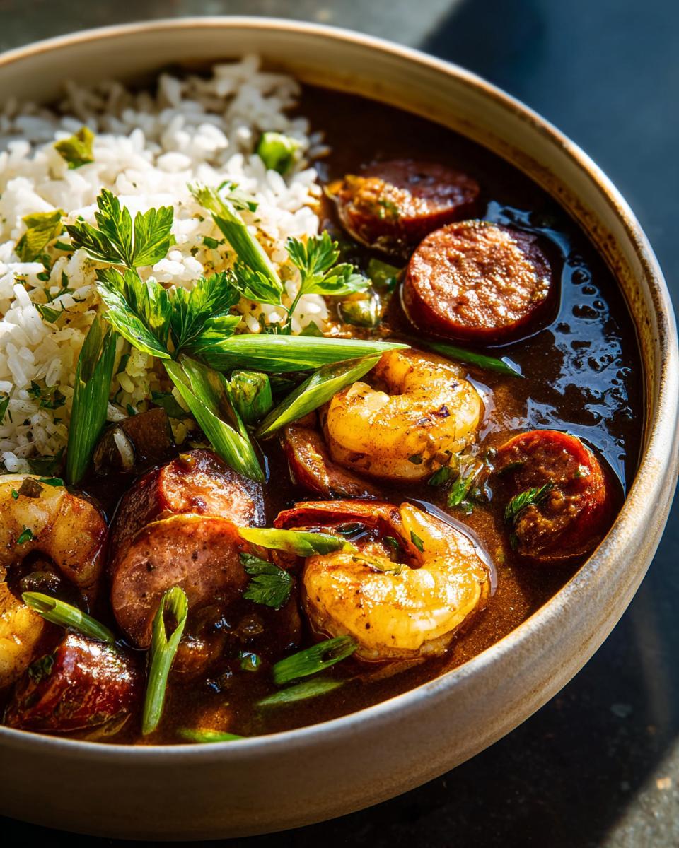 A close-up of a bowl filled with rich Shrimp and Sausage Gumbo, served over white rice and garnished with green onions and parsley.
