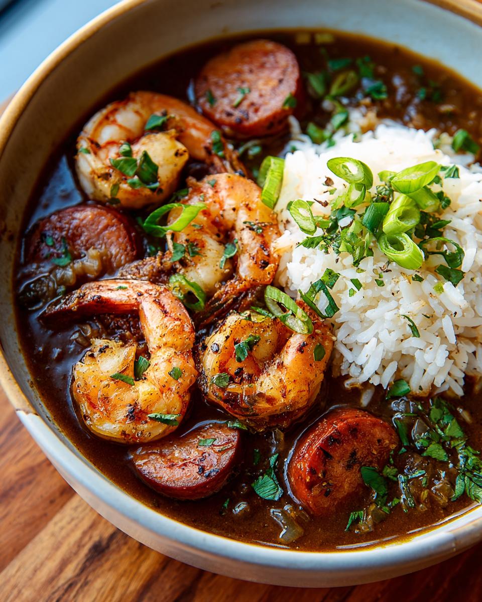 A close-up of a bowl of shrimp and sausage gumbo with rice, garnished with green onions and parsley.