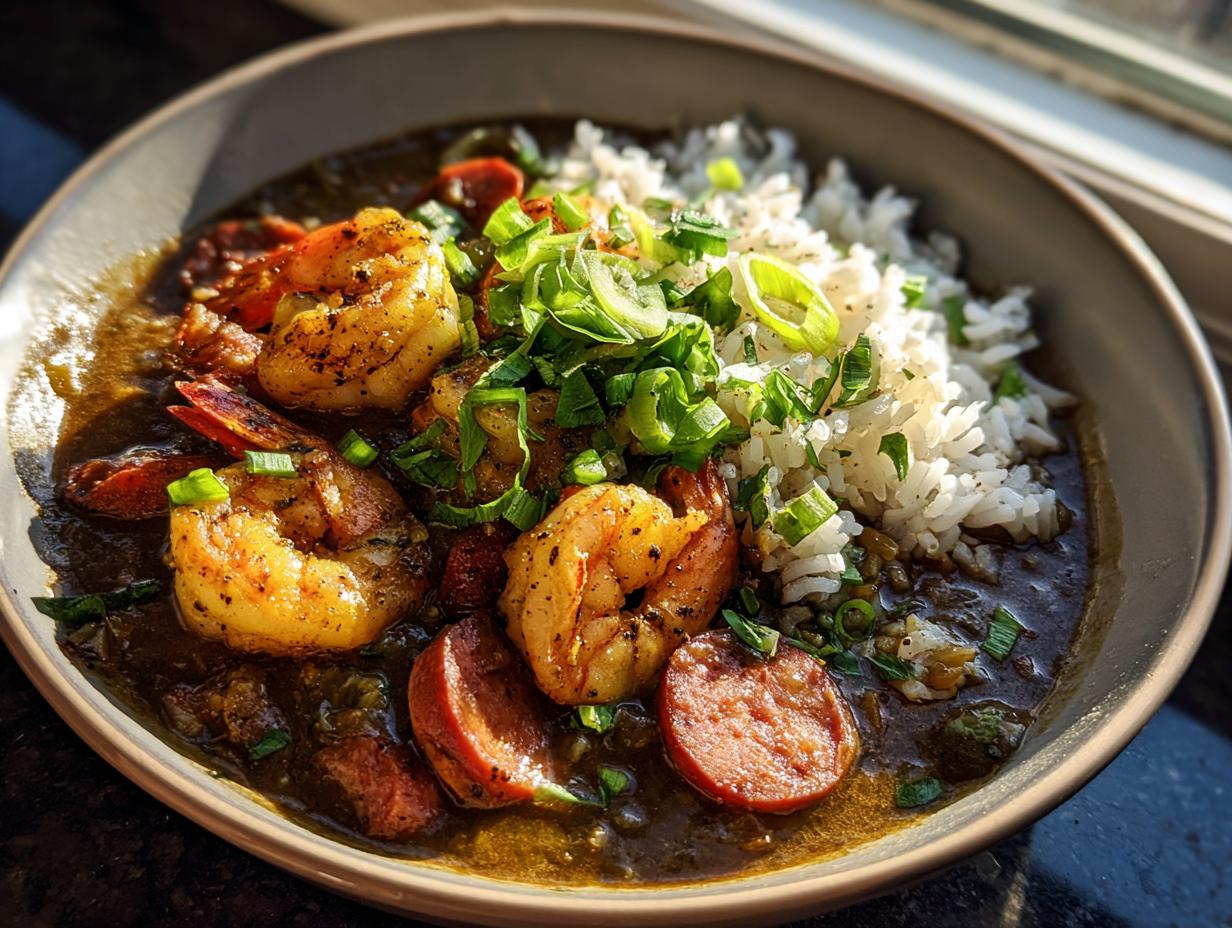 A close-up of a bowl of shrimp and sausage gumbo served with rice and garnished with green onions.