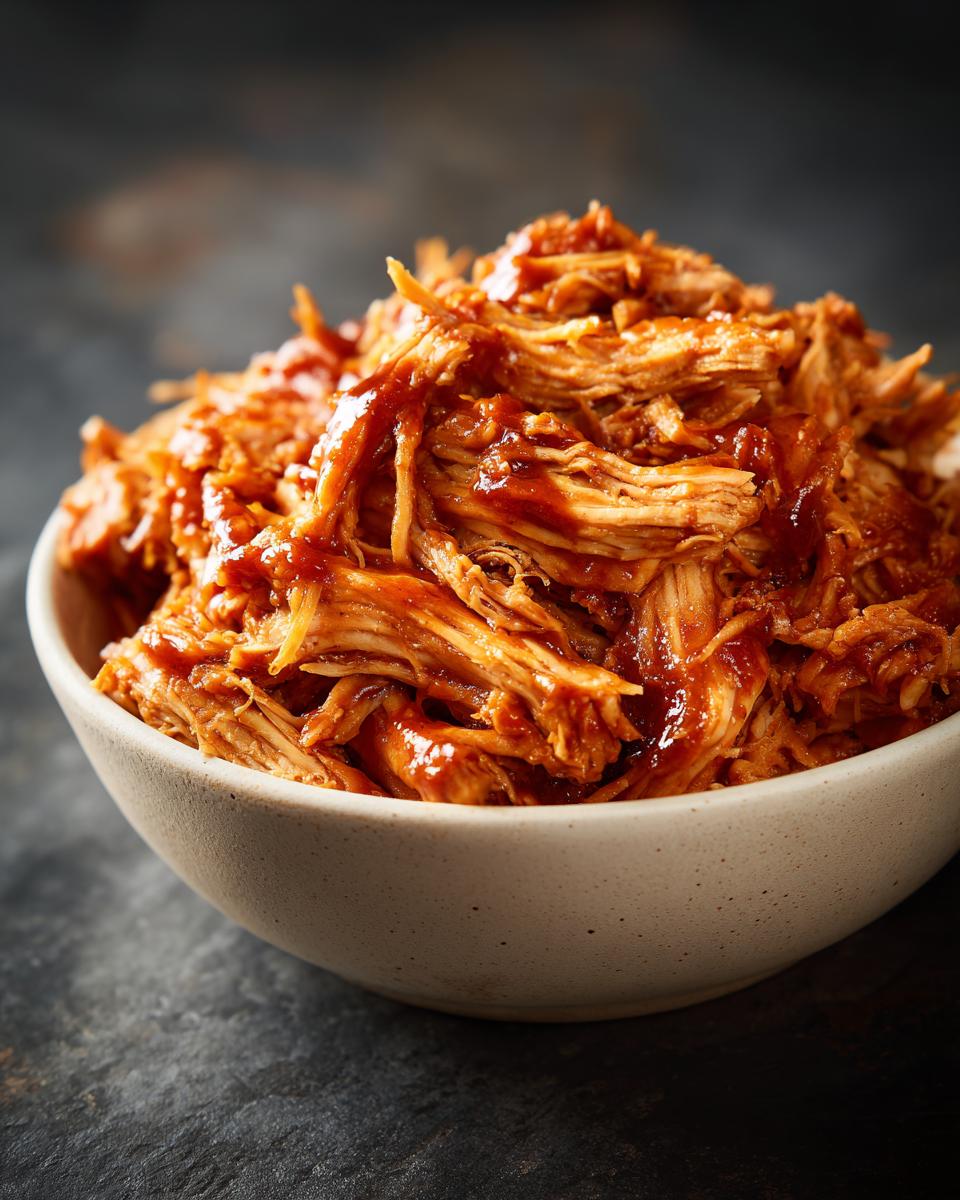 A close-up shot of shredded slow cooker bbq chicken coated in sauce, served in a light-colored bowl.