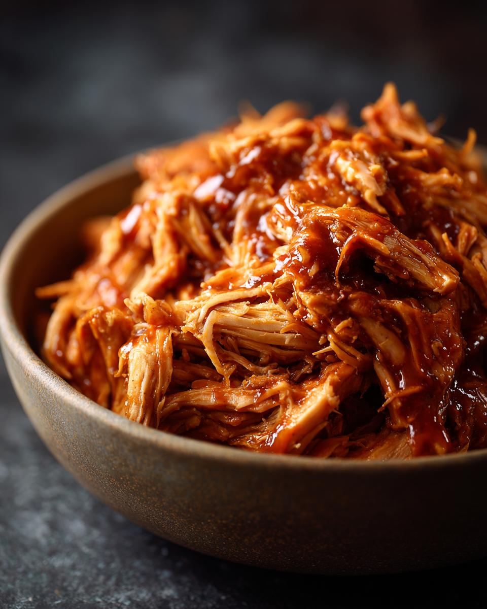 A close-up of shredded slow cooker BBQ chicken in a rustic bowl, coated in rich BBQ sauce.