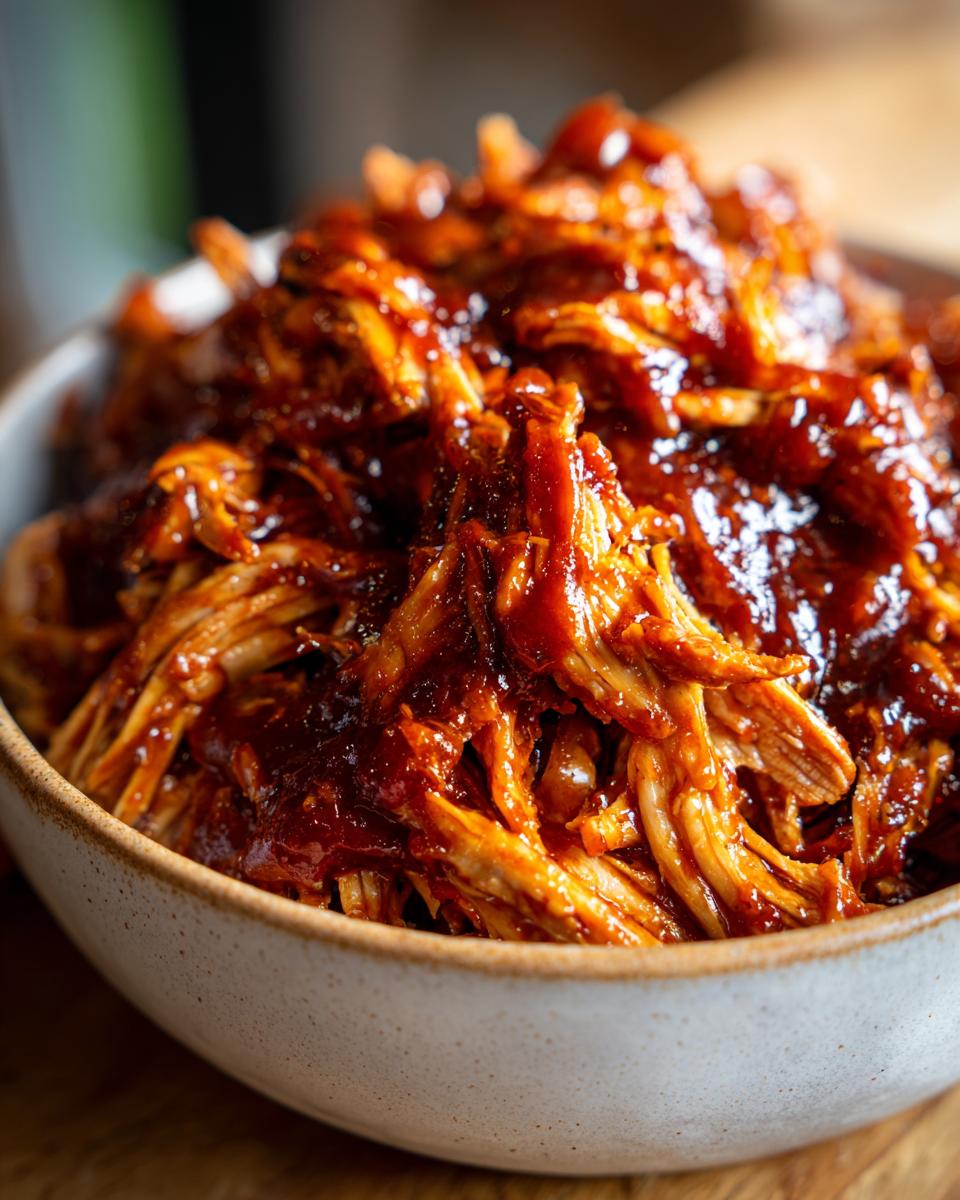 A close-up shot of shredded slow cooker BBQ chicken in a bowl, coated in rich, glossy BBQ sauce.