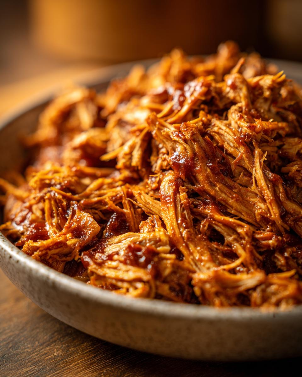 Close-up of shredded slow cooker bbq chicken in a bowl, coated in rich BBQ sauce.