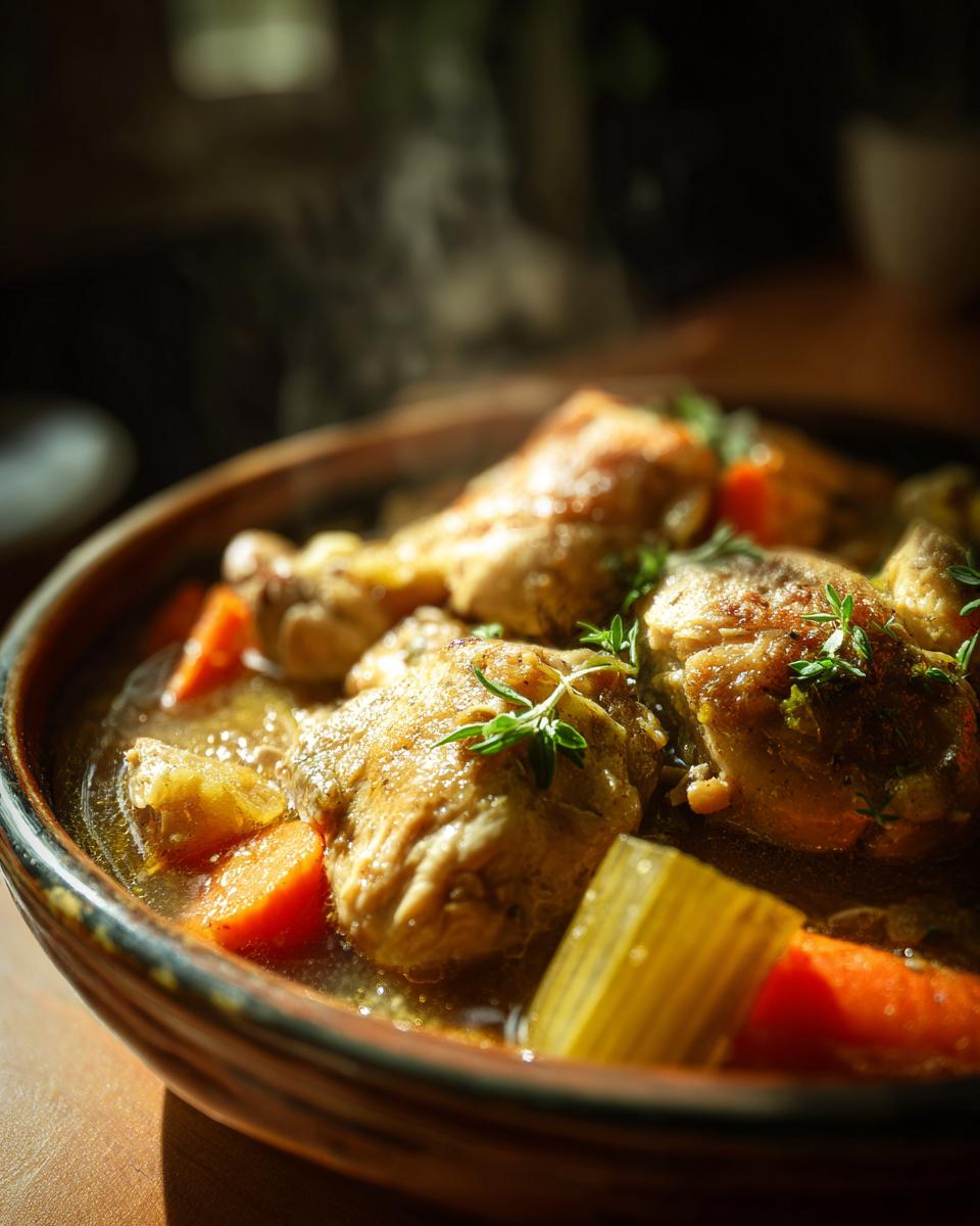 A close-up of a steaming bowl of slow cooker chicken stew, featuring tender chicken pieces, carrots, and celery, garnished with fresh herbs.