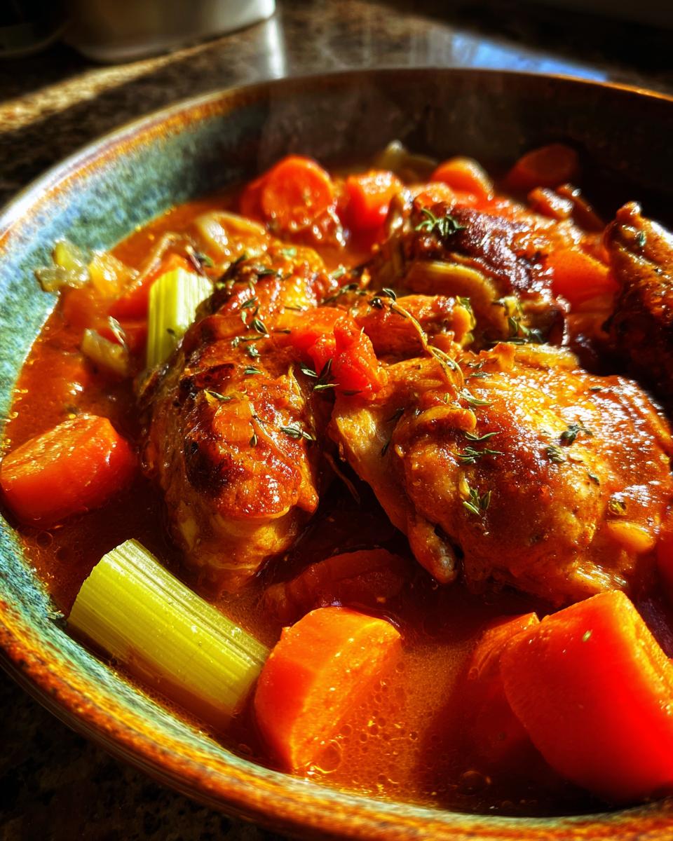 Close-up of a bowl of hearty slow cooker chicken stew, featuring tender chicken pieces, carrots, and celery in a rich broth.