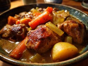 Close-up of a bowl of slow cooker chicken stew featuring tender chicken pieces, carrots, celery, and potatoes in a rich broth.