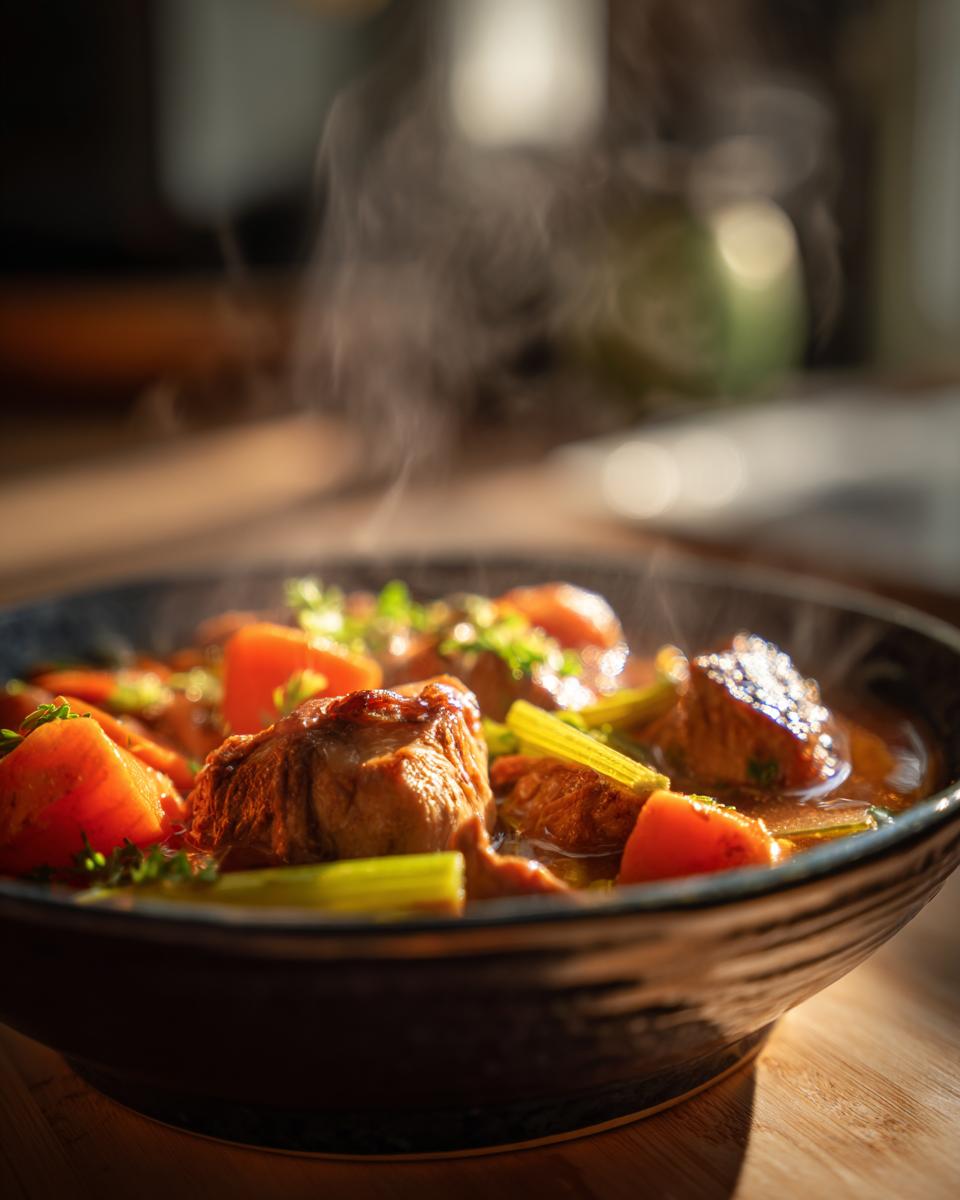 A steaming bowl of hearty slow cooker chicken stew with tender chicken pieces, carrots, and celery.