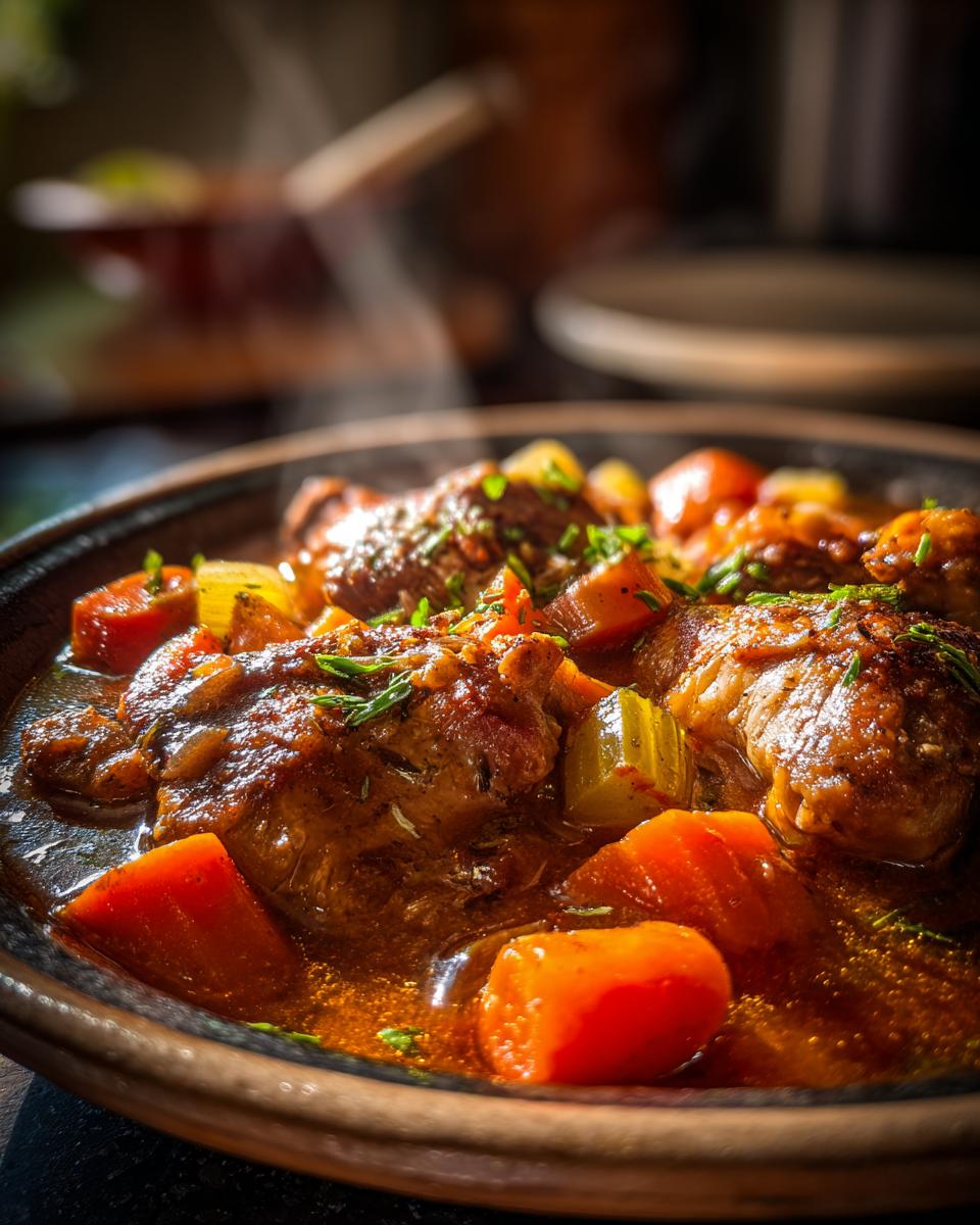 A close-up of steaming Slow Cooker Chicken Stew with tender chicken pieces, carrots, and celery in a rich broth.