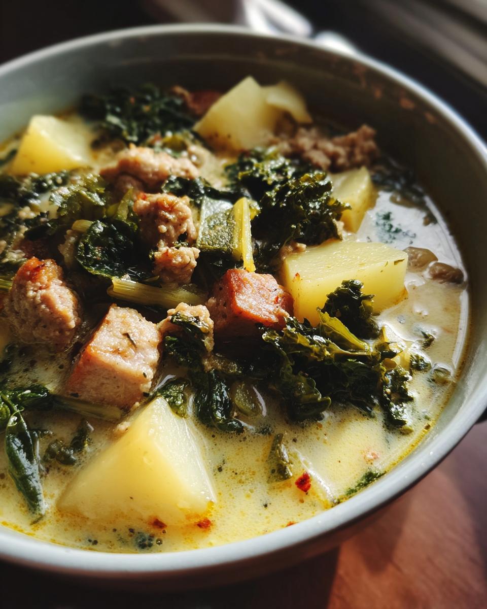 Close-up of a bowl of Slow Cooker Zuppa Toscana, featuring chunks of sausage, potatoes, and kale in a creamy broth.