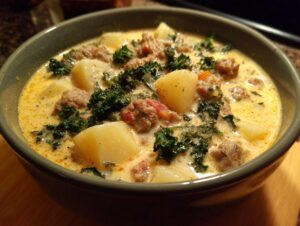 A close-up of a hearty bowl of slow cooker Zuppa Toscana, featuring sausage, potatoes, and kale in a creamy broth.