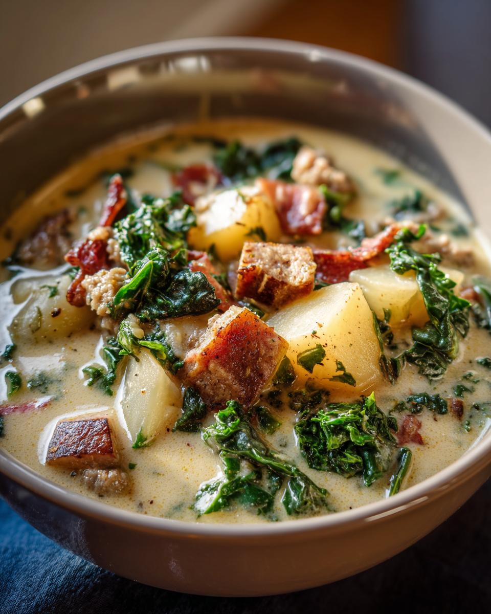 A close-up of a hearty bowl of slow cooker Zuppa Toscana, featuring potatoes, kale, sausage, and bacon.