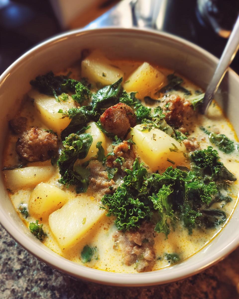 A close-up of a bowl of Slow Cooker Zuppa Toscana with potatoes, sausage, and kale in a creamy broth.