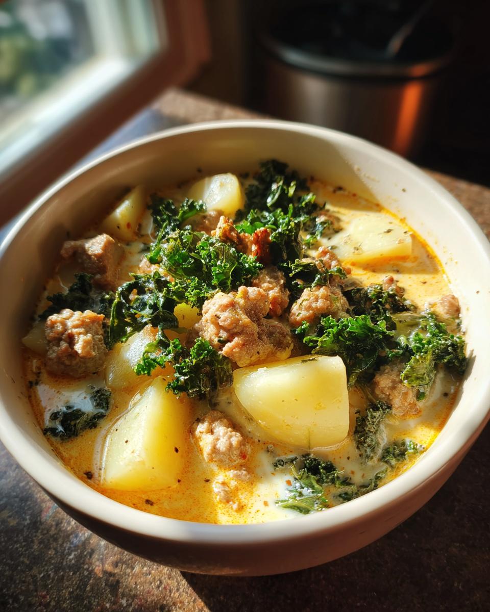 A close-up of a bowl of Slow Cooker Zuppa Toscana, featuring chunks of potato, Italian sausage, and kale in a creamy broth.