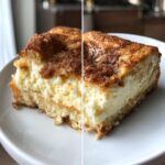 A close-up of a delicious sopapilla cheesecake bar slice on a white plate, showing creamy filling and cinnamon topping.