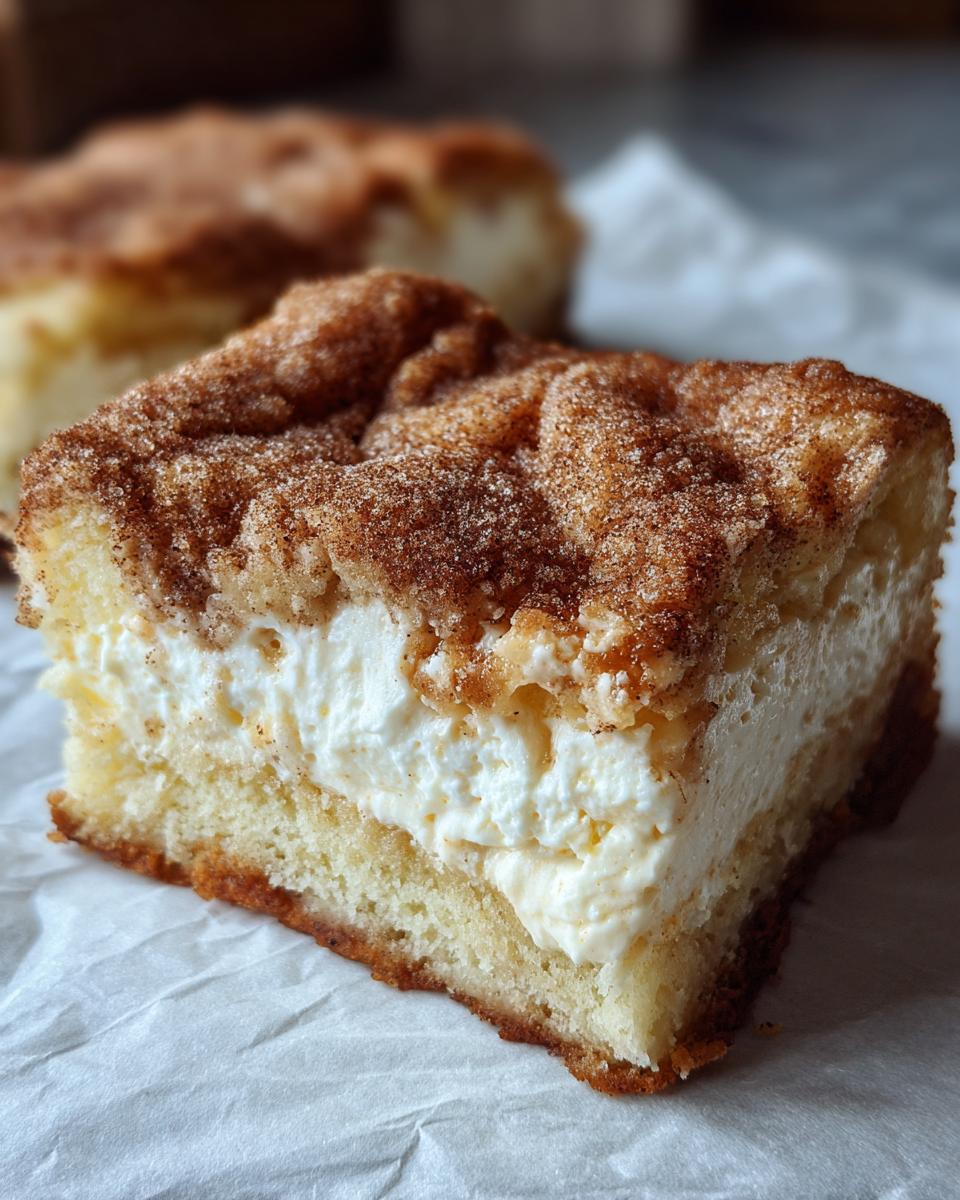 A close-up of a thick slice of Sopapilla Cheesecake Bars, showing a creamy cheesecake filling between two layers of cake with a cinnamon-sugar topping.