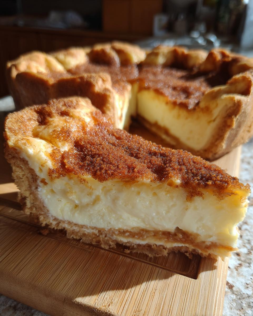 A close-up of a slice of Sopapilla Cheesecake Bars, showing the creamy filling and cinnamon-sugar topping.