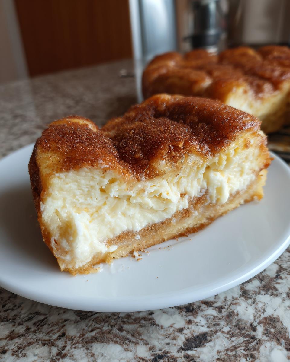 Close-up of a slice of Sopapilla Cheesecake Bars on a white plate, showing creamy filling and cinnamon-sugar topping.