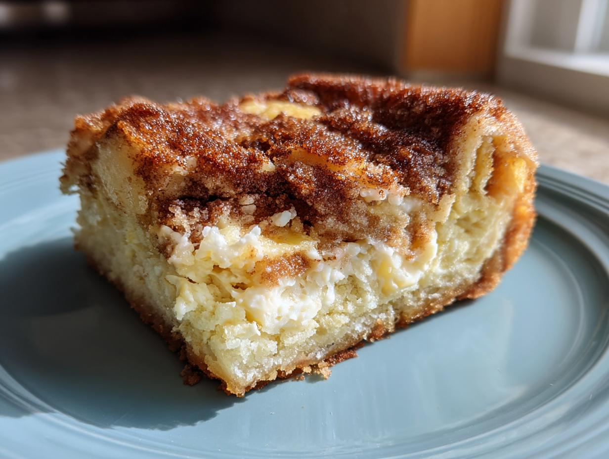 A close-up of a single slice of Sopapilla Cheesecake Bars on a blue plate, showcasing the creamy filling and cinnamon-sugar topping.