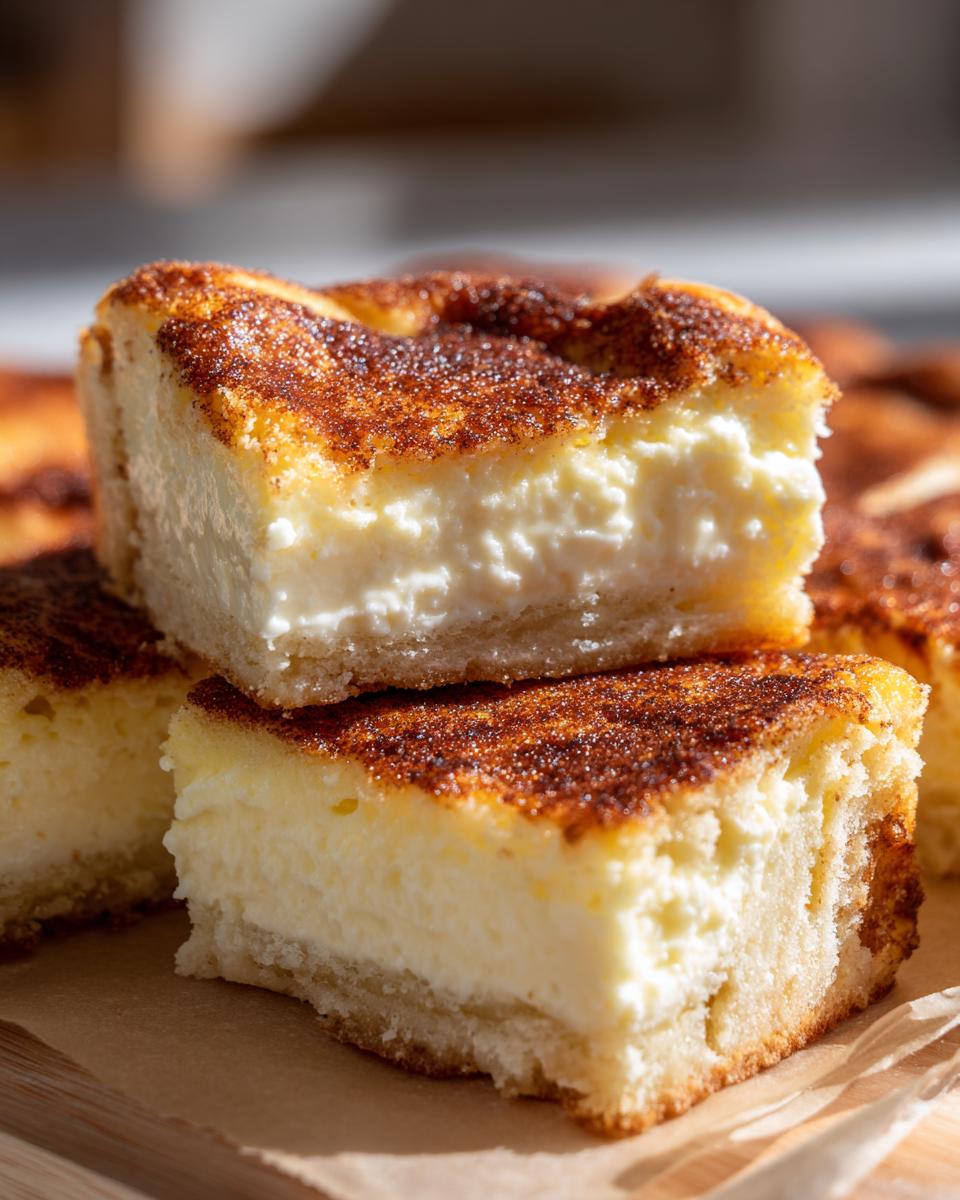 Close-up of stacked Sopapilla Cheesecake Bars, showing the creamy filling and cinnamon-sugar topping.