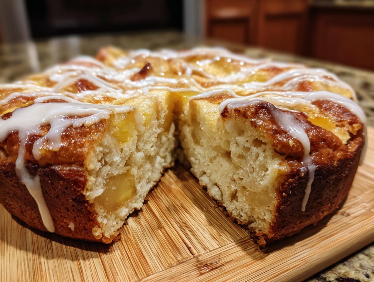 A close-up of a sliced sourdough apple fritter focaccia, drizzled with a white glaze and featuring visible apple pieces.