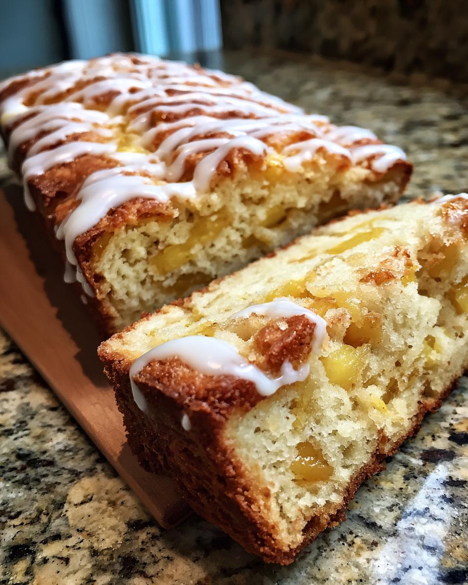 Close-up of a sliced sourdough apple fritter focaccia loaf drizzled with white glaze.