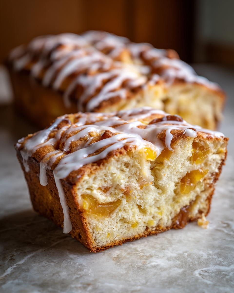 A slice of sourdough apple fritter focaccia, drizzled with white icing and filled with apple chunks.