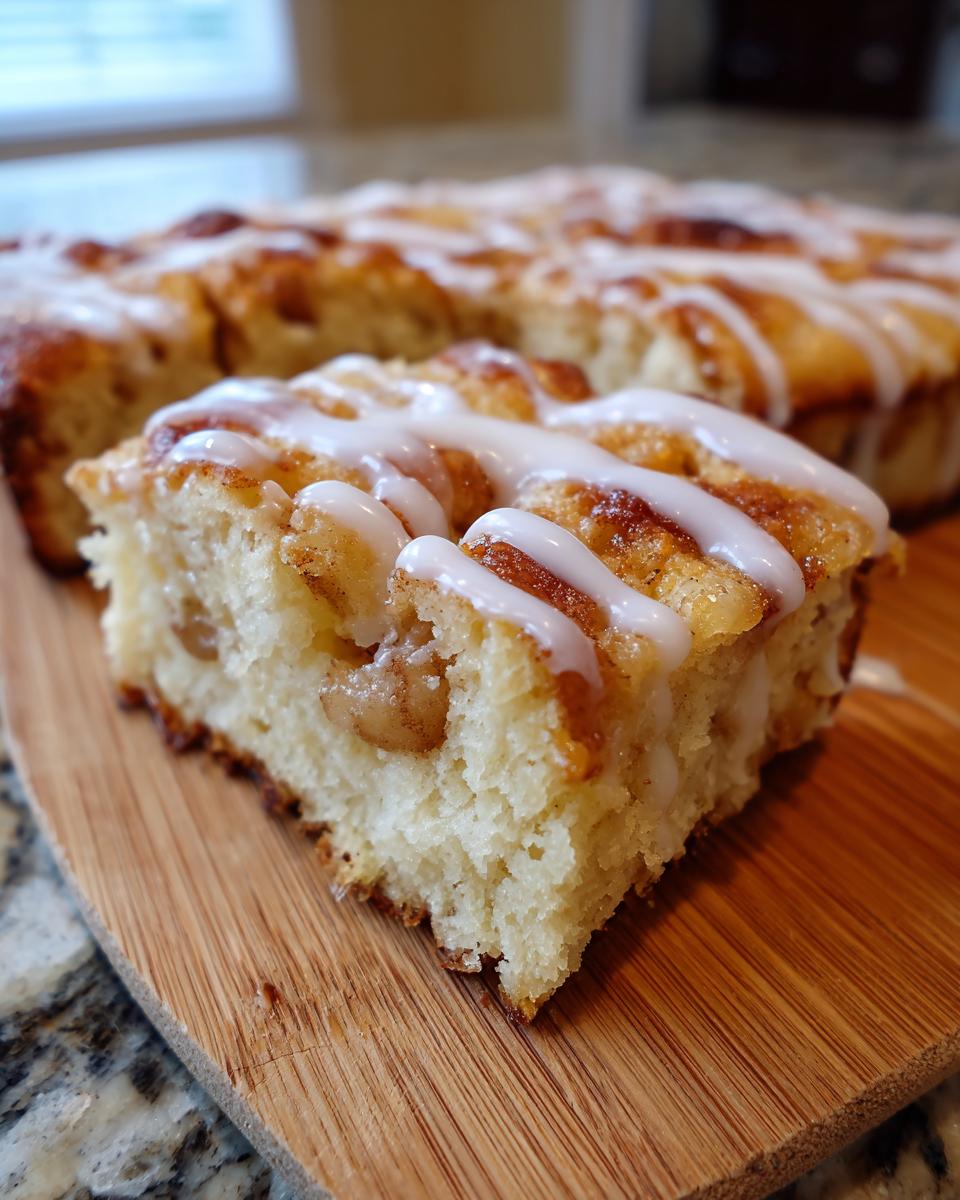 A slice of sourdough apple fritter focaccia topped with a white glaze and cinnamon sugar.