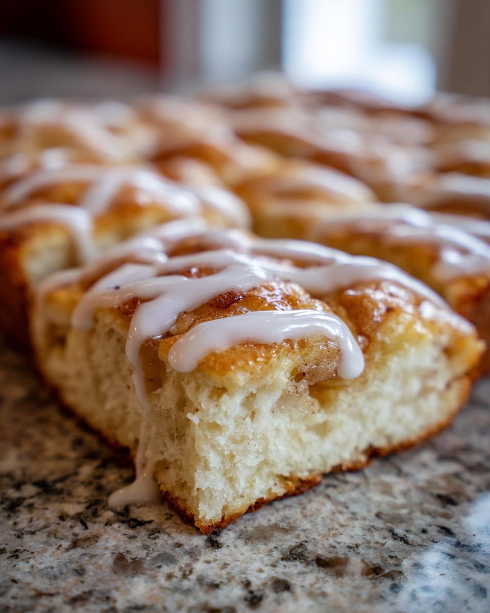 Close-up of a slice of sourdough apple fritter focaccia, drizzled with a sweet white glaze.