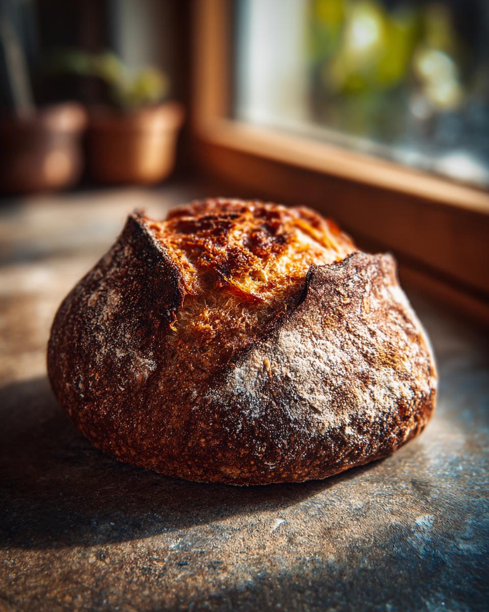 A rustic, golden-brown sourdough loaf dusted with flour, perfect for spreading with apple butter.