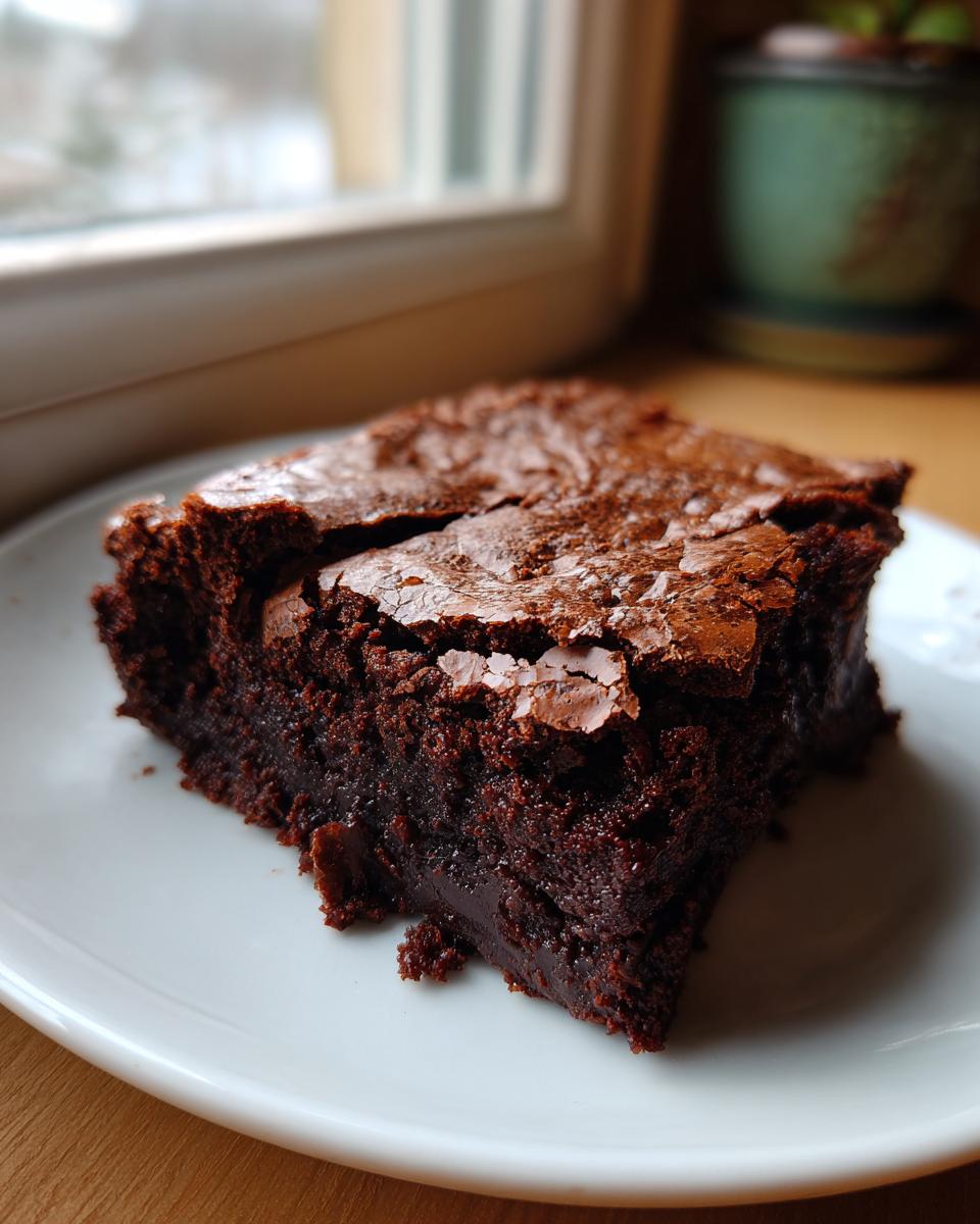 A close-up of a rich, fudgy sourdough discard brownie slice on a white plate.