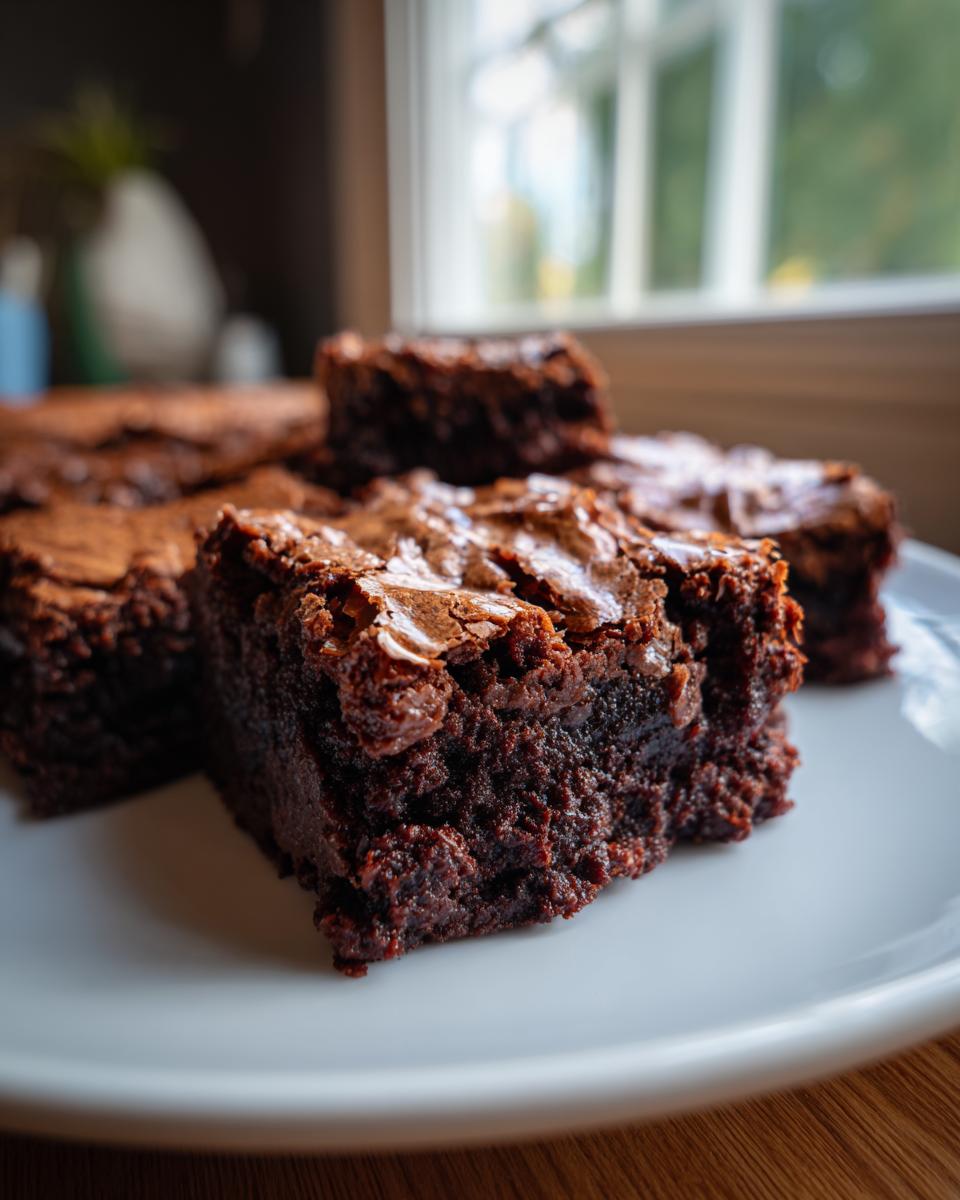 Close-up of fudgy sourdough discard brownies stacked on a white plate, with a window in the background.