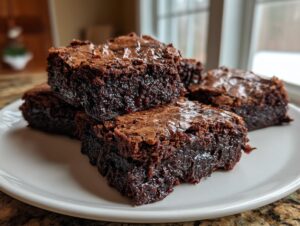 A stack of fudgy sourdough discard brownies on a white plate, showcasing their rich chocolate color and moist texture.