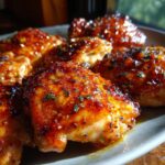 Close-up of delicious spicy honey lime chicken pieces, glistening with sauce and sprinkled with herbs.