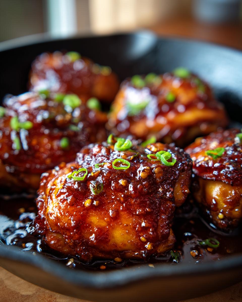 Close-up of glistening spicy honey lime chicken pieces in a cast-iron skillet, garnished with chopped green onions.