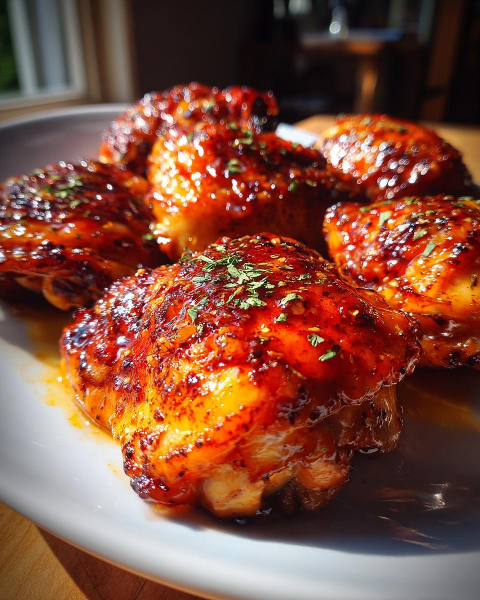 A plate of glistening spicy honey lime chicken thighs, garnished with herbs.