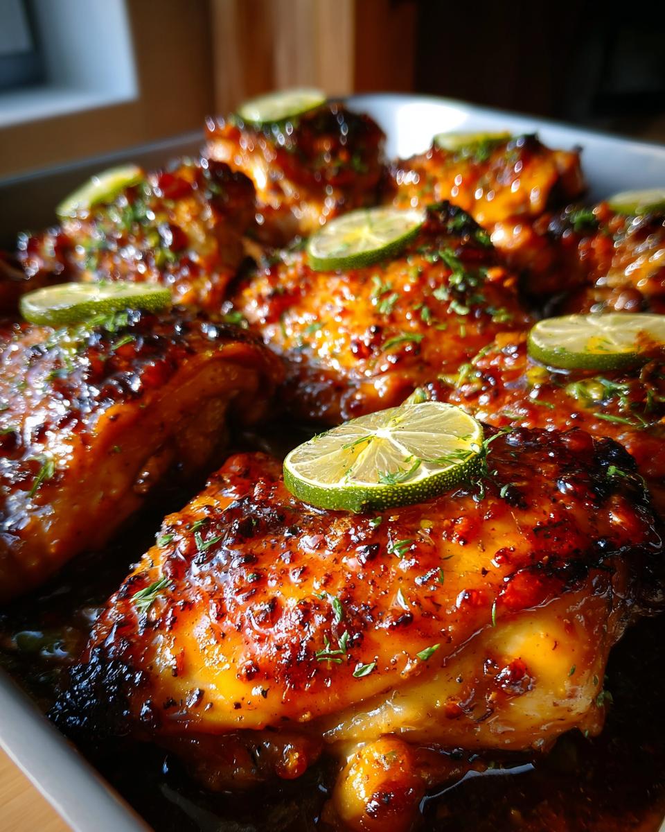Close-up of glistening spicy honey lime chicken thighs topped with fresh lime slices and herbs.