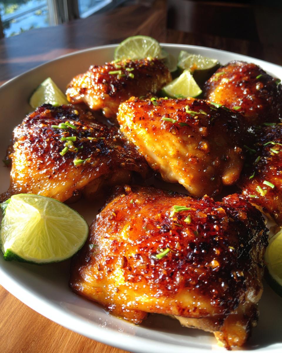 Close-up of glistening spicy honey lime chicken thighs garnished with lime wedges and zest.