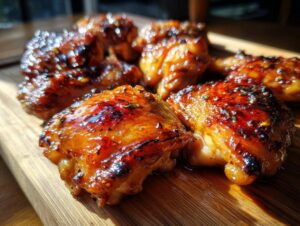 Close-up of glistening spicy honey lime chicken wings with visible herbs and spices on a wooden board.