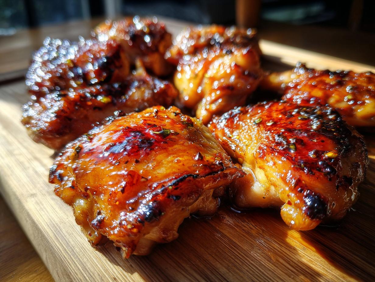 Close-up of glistening spicy honey lime chicken wings with visible herbs and spices on a wooden board.