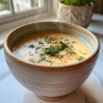 A close-up of a steaming bowl of creamy potato soup, garnished with fresh parsley and cracked black pepper.