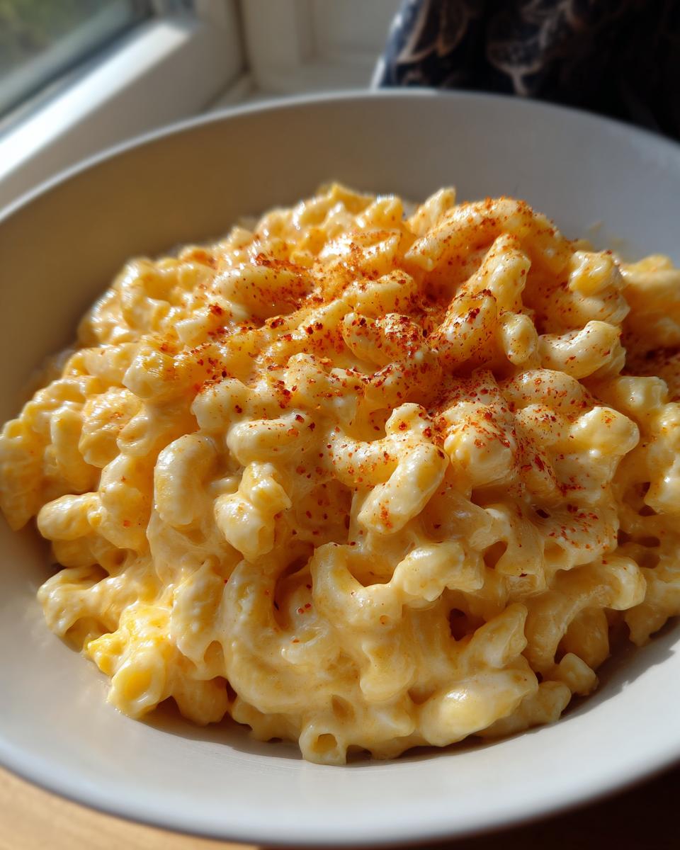 Close-up of creamy stovetop mac and cheese, topped with a sprinkle of paprika.