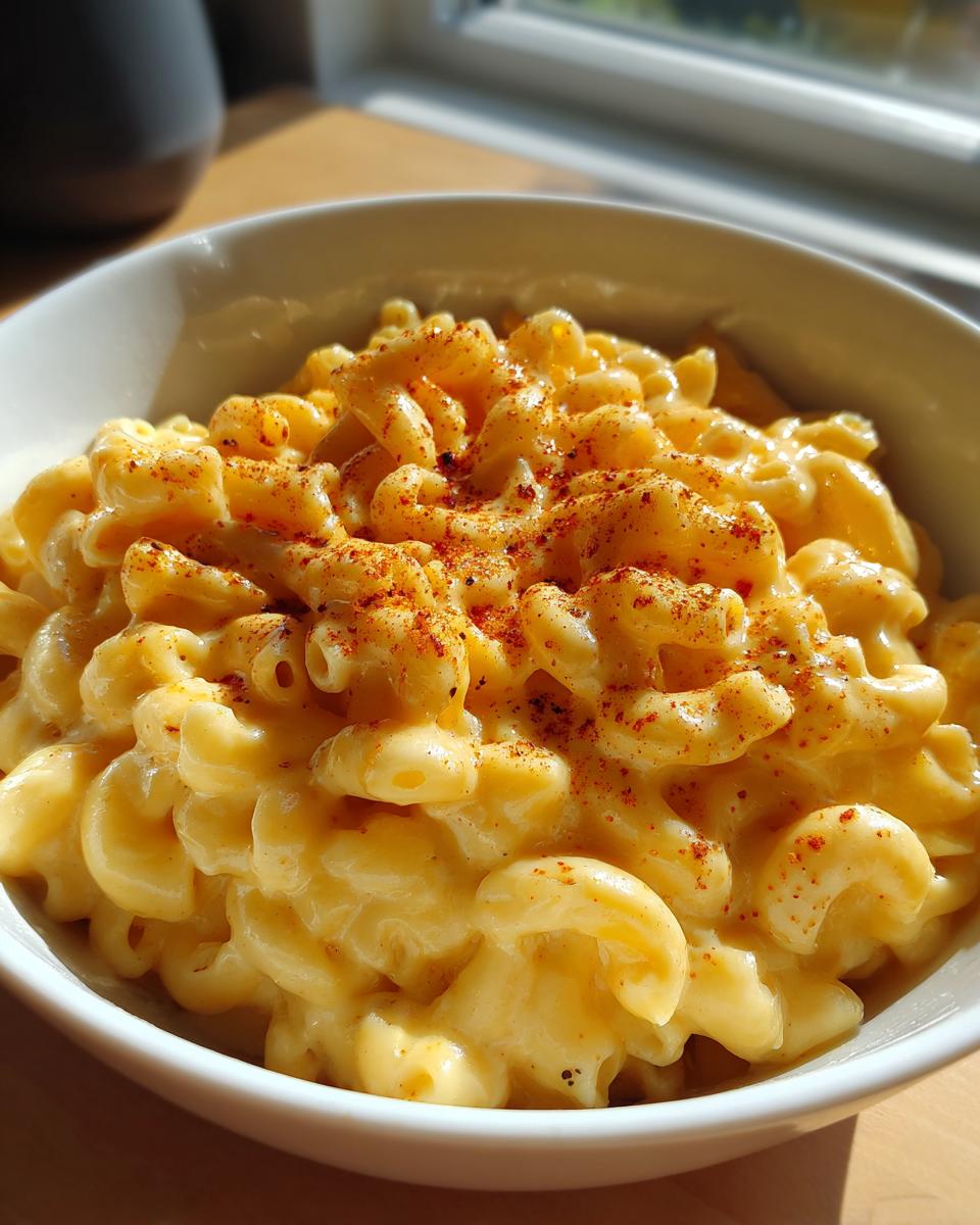 Close-up of a bowl of ultra-creamy stovetop mac and cheese, topped with a sprinkle of paprika.